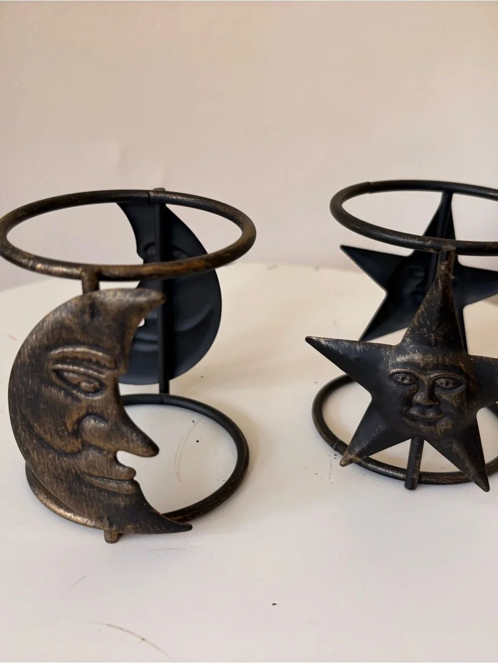 Vintage Moon Star Candle Holders Bronze Metal Celestial Boho Whimsigoth Decor